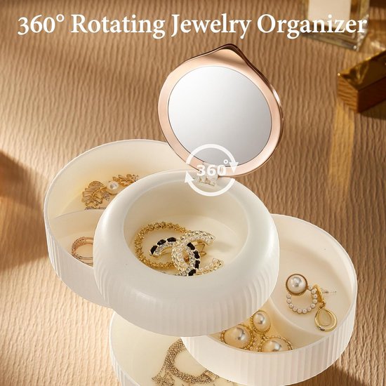 Sieradendoos, draaibaar sieradenopberger met spiegel, 4 niveaus, lichtbestendige sieradendoos voor ringen, oorbellen, armbanden, kettingen