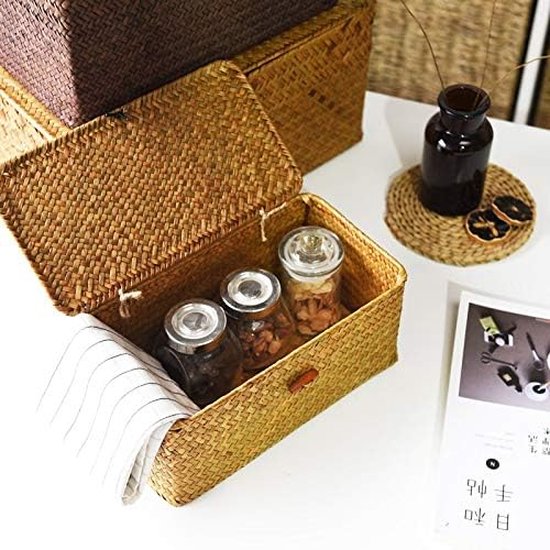 Rotan manden, 3 stuks opbergmanden van zeegras met deksel, van natuurlijk materiaal (groot + medium + klein)