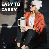 Koffiebeker om mee te nemen, dubbelwandig, roestvrij staal, vacuüm, lekvrij, met handvat en rietje, draagbare autobeker, thermobeker, beige voor koude warme dranken, beige