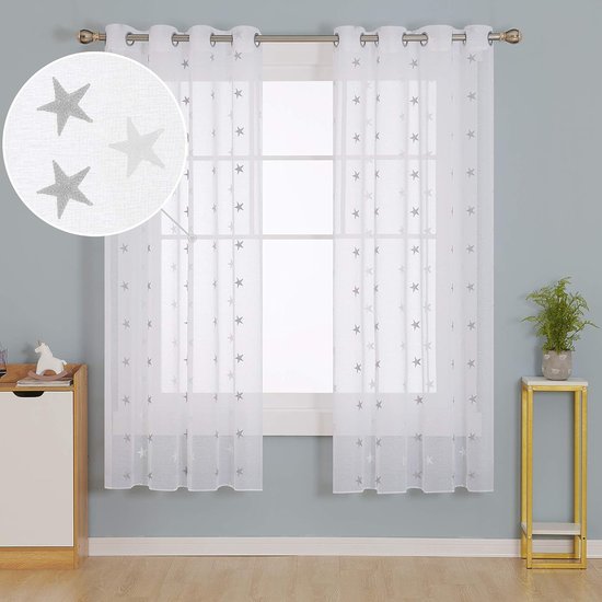 Vitrage van voile, met geborduurde motieven, sterren en stippen, 175x140