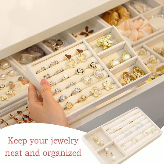 4 stuks sieradendoosje, 21 x 12,5 x 2,5 cm, fluwelen sieradeninzetstuk voor laden, sieradenkistjes, stapelbaar, sieradenopslag lade voor halskettingen, armbanden, oorbellen, ringen, horloges