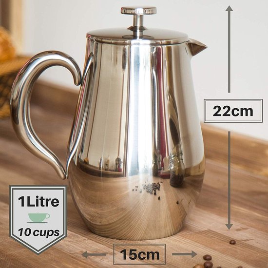 French Press koffiekan, onbreekbaar en houdt je koffie dankzij de dubbele hoes lang warm (1 liter)