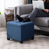 Kruk met opbergruimte, kubuszitting met deksel, zitkist, opbergkist voetenbankkist, linnen, 44 L, 45 x 41 x 41 cm, marineblauw