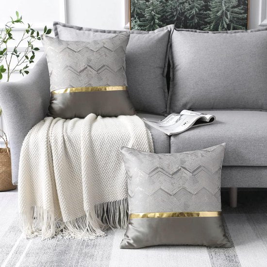 Set van 2 kussenslopen voor bank/auto/slaapkamer luxe moderne minimalistische gouden lederen stiksels, golvende streep decoratieve kussensloop 45 x 45 cm (zilver)