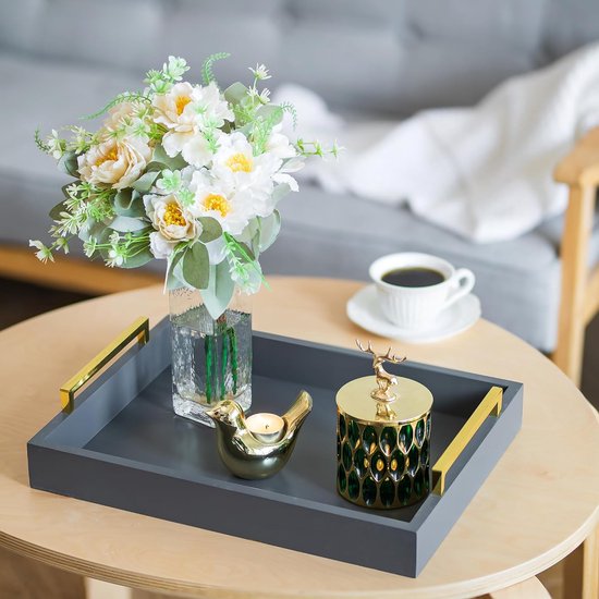 Dienblad Decoratief Dienblad Hout: Set van 3 Grijze Decoratieve Houten Dienbladen met Gouden Handgrepen Salontafel Rechthoekig Sieradendienblad Beddienblad Tafel Modern Kaarsendienblad Koffie Decoratief Dienblad