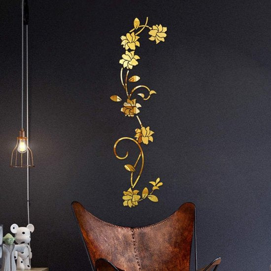 Bloemenrank acryl spiegel muursticker, elegante spiegel instelling muursticker, muur kleverige spiegel wanddecoratie voor thuis woonkamer slaapkamer decoratie, goud.
