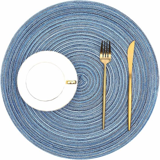 Set van 6 placemats wasbaar rond blauwe placemats rond gevlochten hittebestendige placemats rond wasbare vuilafstotende placemats voor bruiloft, restaurant, keuken, feest