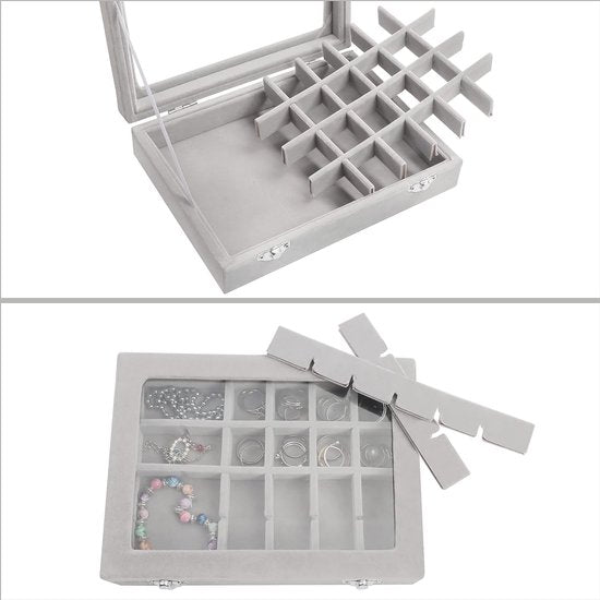 Organizer ring opbergdoos, sieradendoos grijs (24 vakken), fluwelen doos met glazen deksel, 20,2 x 15,1 x 4,6 cm, sieradendoos voor ringen, oorbellen, armbanden, hout, glas