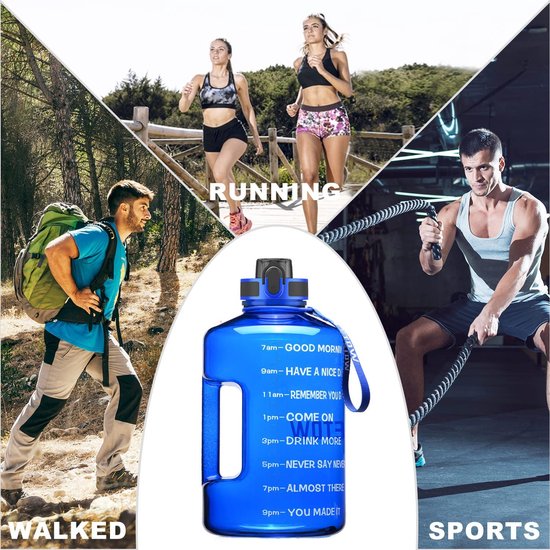 Drinkfles 2.2L Rietje & Time Marker, 2200ml Sportfles met handvat, 2.2L Waterfles BPA-vrij voor Camping, Yoga, Gym en Outdoor BLAUW