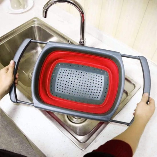 Zeef inklapbaar, inhoud 3,8 l, siliconen mand, 265 mm, zeef, inklapbaar met uittrekbare handgrepen, geschikt voor de meeste maten, ruimtebesparend, snel legen voor keukenwerkzaamheden, rood