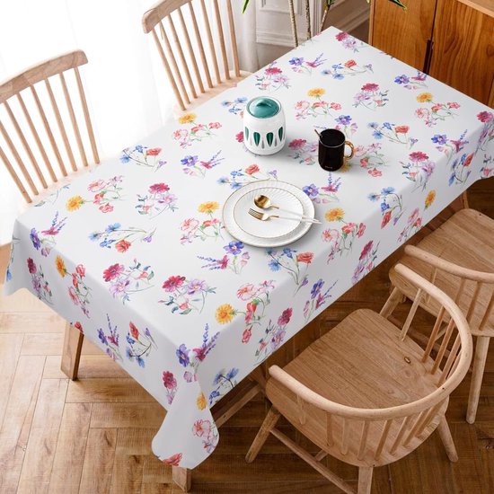 Watercolour Flowers Tablecloth Spring Summer Garden Tablecloth Outdoor Washable Machine Washable Tablecloth for Garden, Picnic, Party, Garden, Living Room, Home Textiles 130 x 220 cm