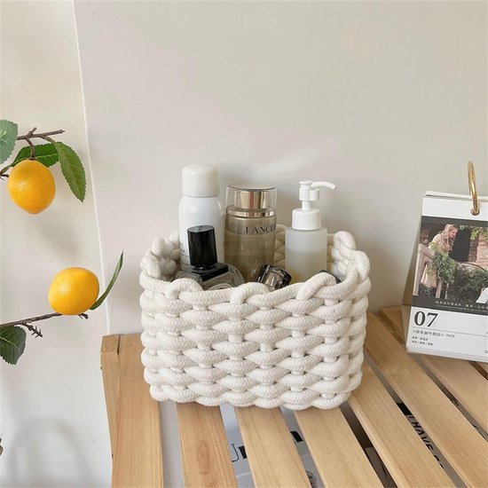 Set van 2 opbergmanden, gevlochten katoenen breimand, kleine manden, commode-organizer, decoratieve vierkante opbergplankmanden voor make-up, sokken, speelgoed (wit)
