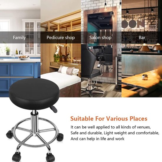 Verrijdbare kruk, in hoogte verstelbare, draaibare barkruk, werkkruk van imitatieleer, bureaukruk, zwart