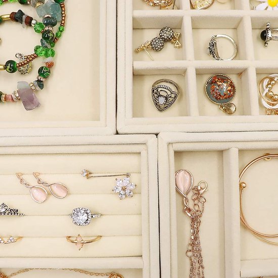 Fluwelen sieradenorganizer, 4 laden, sieradenorganizer voor oorbellen / armband / armband / ketting en ringen, opbergdoos voor sieraden, oorbellenhouder, stof, grijs
