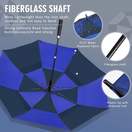 Winddichte paraplu, grote, XL golfparaplu met automatisch openen/sluiten voor mannen en vrouwen, reisparaplu met draagriem (donkerblauw)