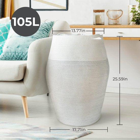 Wasmand, grote opbergmand, gevlochten katoenen touw voor knuffelige kleding in de bijkeuken, 65 cm hoog, wit met zwarte naad