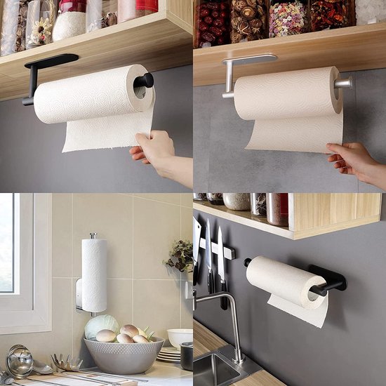 Zewa Keukenrolhouder, kast, zonder boren of boren, onder kast, boren, roestvrij staal, onderkast, papierrolhouder, muur, aangrenzende houder, keukenrolhouder (zilver)