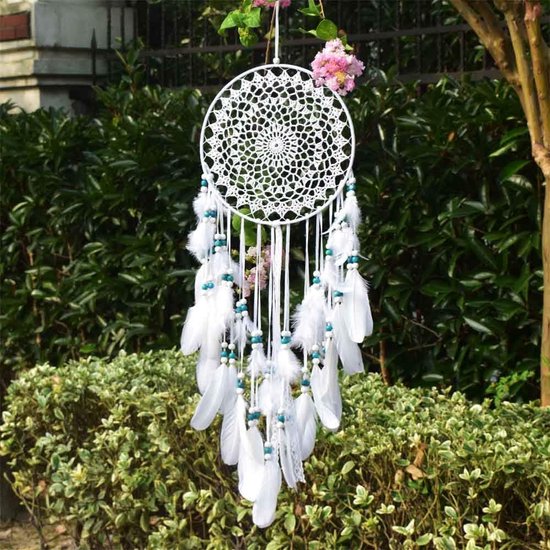Grote dromenvanger in boho-stijl, met witte veer en blauwe parels, macramé, wandbehang voor vintage bruiloft of woondecoratie, 25 cm grote cirkel, 70 cm lang