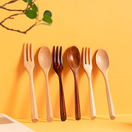 Pak van 6 houten bestekvorkenlepels, kleine vorkenlepels hout, houten keukengerei in Janpanese stijl, cakelepel en vorkset, dessertvorken en lepels, voor keuken thuis restaurant buiten