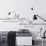 muursticker, uitspraken en citaten, 'Take time to be happy', Duitstalig, vogels, veren, wanddecoratie voor slaapkamer, kantoor en woonkamer