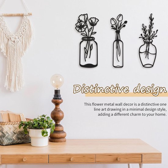 Set van 3 metalen bloem wanddecoratie minimalistische vaas kunst aan de muur zwarte tulp draad ijzer decor bloemen wandsculptuur voor keuken badkamer woonkamer (elegant, liefde, eeuwigheid)