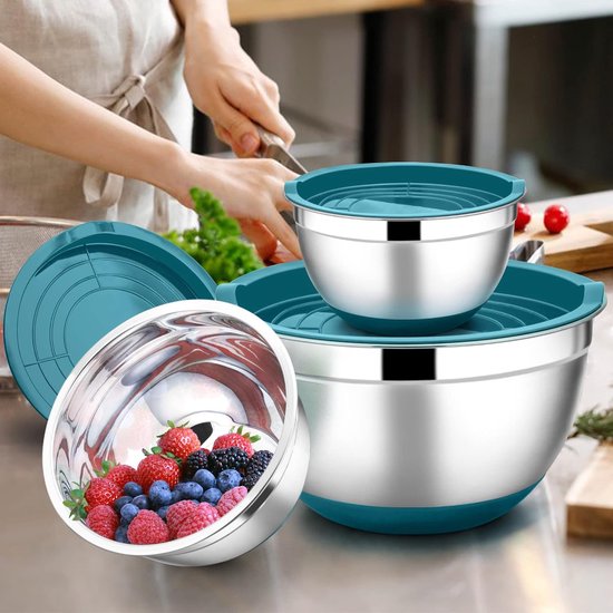 Mengkom, set van 3, roestvrijstalen kom met luchtdicht deksel en antislip bodem, slakomset voor keuken, bakken, koken, bereiden, vaatwasser, 4,6 l, 2,8 l, 1,2 l (blauw)