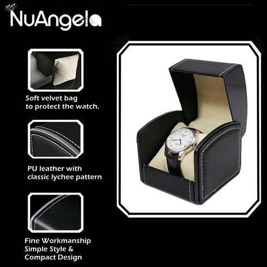 Horlogedoos van PU-leer, opbergdoos met één display voor polshorloges en slimme horloges, houder met kussen, sieradendrager geschenkdoos voor dames/heren, verjaardag (zwart) Excl. Horloge