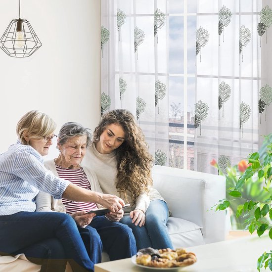 Gordijnen kinderkamer meisjes stores gordijn met ogen transparante gordijnen woonkamer gordijn borduurwerk blad, 175 x 140 cm (hoogte x breedte), lichtgroen + groen, set van 2