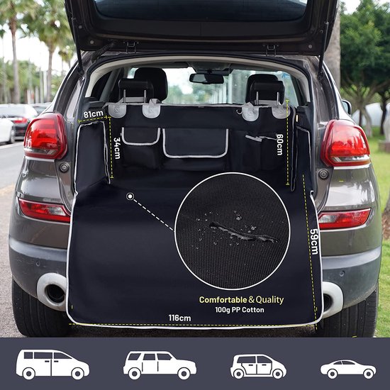 Kofferbakbescherming hond voor autoSUV's, autokofferruimte met zijbescherming, zwarte kofferbakmat met bumperbescherming, waterdichte universele autokofferbak-hondendeken, 205 x 115 cm