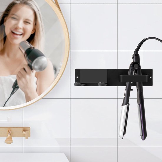 Föhnhouder Muur zonder boren, 2 in 1 Föhn- en Stijltanghouder voor Badkamer, RVS Föhnhouder voor Hotelbadkamer Slaapkamer, Wandhouder voor Föhn (Zwart)