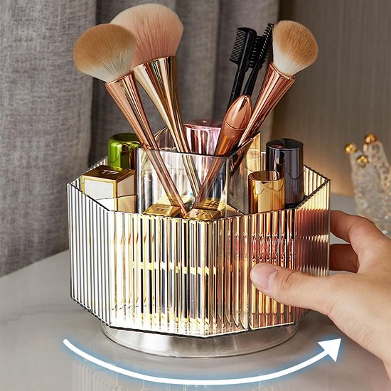 360° roterende make-upkwastenhouder, cosmetische vitrine, transparante make-up, lipgloss, organizer, case met 5 sleuven, rond draaiplateau voor ijdelheid, badkamer, helder roze