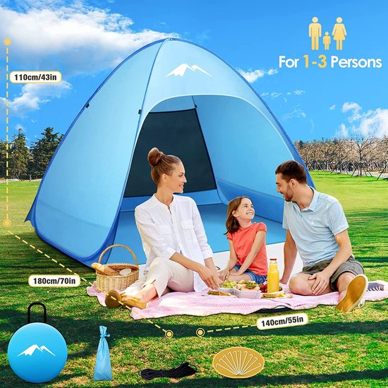 Pop-up strandtent voor S (1-3) personen/L (2-4) personen met dubbele ritsdeuren, UV bescherming, Draagbare extra lichte strandtent, voor tuin, barbecue feeest, wandeltochten