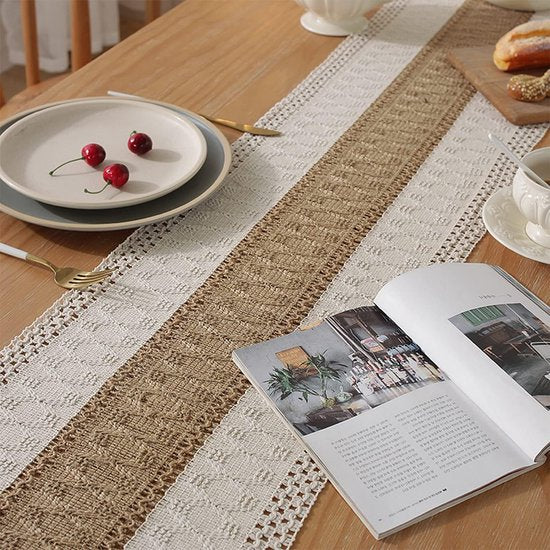 Tafelloper, modern, 180 cm lang, tafelloper, geurneutraal, bruiloft, boho, vintage, tafelloper, macramé met kwast, tafelloper voor bruiloft/banket, decoratief (kaki)