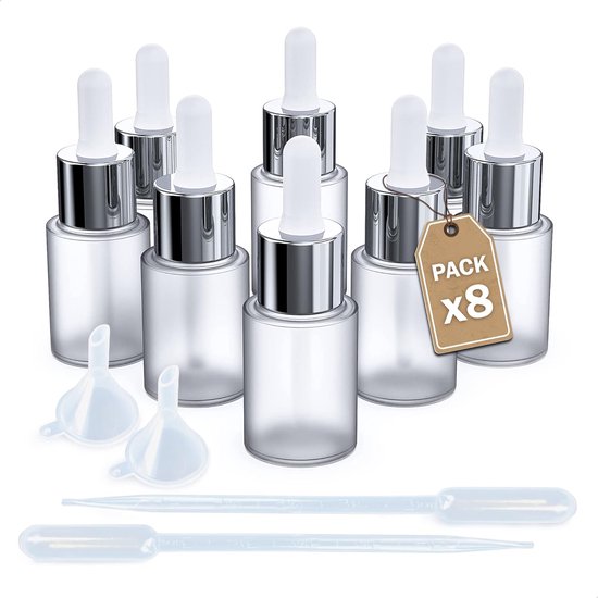 Set van 8 pipetflessen, 10 ml. Fles Frost. Glazen pipet en schroefdop. Druppelflessen voor: olie, aromatherapie en laboratorium.