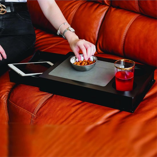 Bench-armtafel, armleuningen, tafelhouder voor bank, dienbladen voor salontafel, zijorganizer voor apparaten en afstandsbediening, bank- en bed-drinkplank met lade (Zwart)