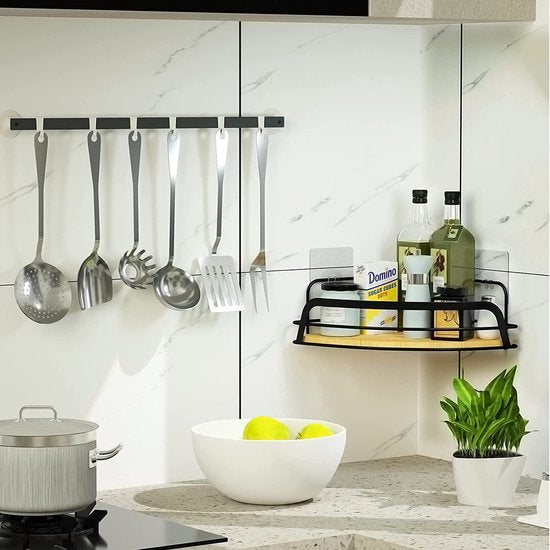 Bestdon Doucheplank, hoek zonder boren, doucheplank, zwart, zelfklevend, bamboe, hoekrek, douchemand, badkamerrek, roestvrij staal, shampoohouder voor badkamer en keuken, roestvrij