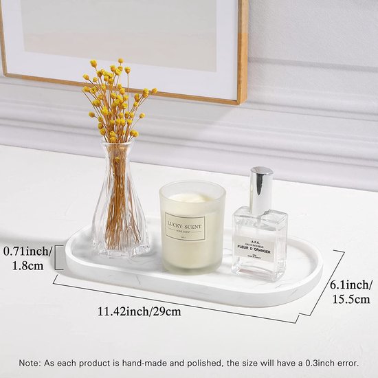Hars badkamerdienblad, make-uptafel, dienblad, organizer, decoratieve ovale badkamer, sieradenopslag, serveerplank schaal voor kaarsen, zeep, cosmetica, sieraden, plant, 70 x 40 cm, marmer wit