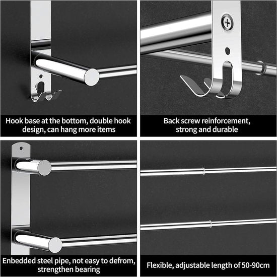Handdoekenrek Uitschuifbaar 43-78CM Geen boren Roestvrij staal Dubbele handdoekrail Badkamer Wandmontage Badhanddoekrek Wandmontage (Zilver 3-Bar)