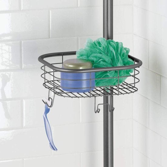 Doucheplank zonder boren, praktische douche-caddy voor de hoek van metaal en kunststof, uittrekbare doucheplank met 4 manden voor shampoo en conditioner met handdoekstang, grijs