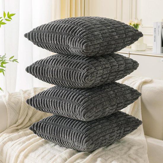 Set van 4 decoratieve kussenslopen 40 x 40 cm, donkergrijs, mosterdgeel, oranje, corduroy kussen, bankkussen, sierkussen, pluizige kussenslopen, kussenhoes voor bank, bank