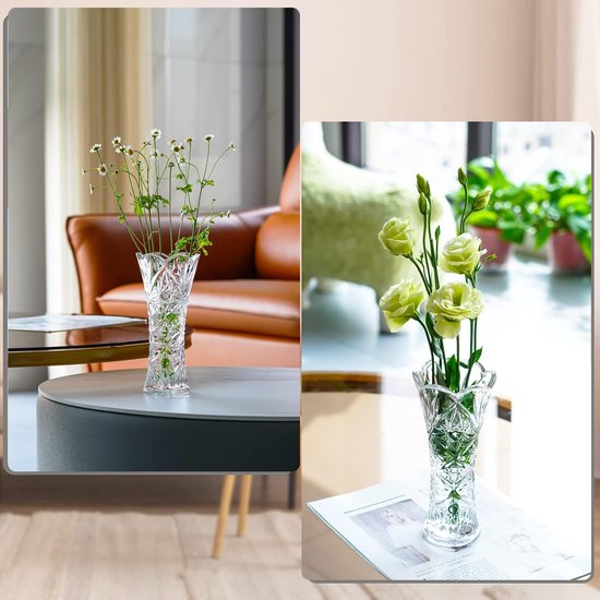 Bloemenvaas van helder glas, vaas van verdikt kristalglas voor bloemen, bloemenvazen in zonnebloemdesign voor de woonkamer, 19,3 x 9 cm