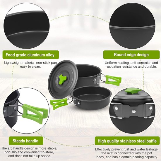 Camping kookgerei, 14-delig, aluminium campingservies, campingservies, outdoor, koken, opvouwbare kookpannenset, 1,1 l, theeketel, campingpot, outdoor, bestek, 2-3 personen