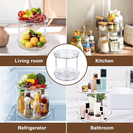 Lazy Susan Koelkastorganizer, draaibare kruidenhouder, draaitafel, kast, organizer, keuken, draaibaar kruidenrek, doorzichtig, kruidenorganizer, keukenrek, twee verdiepingen, 23 cm