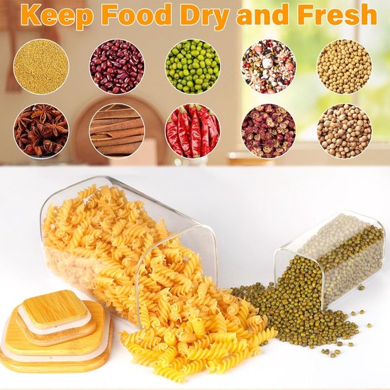 Set van 6 voorraadpotten met deksel, rechthoekig, 1000 ml/280 ml/220 ml, glazen voorraadpotten, kruidenpotjes met houten deksel, opbergpotten voor specerijen, pasta, meel, cornflakes