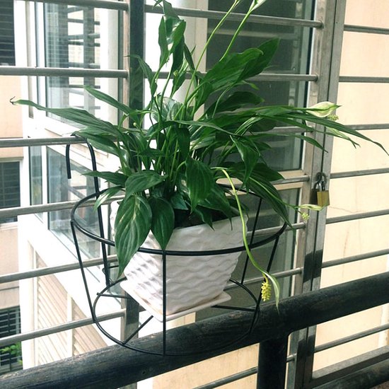 4-pack ronde hangende plantenbakken met reling bloempothouder metalen pot plantenmand plank container voor binnen buiten (zwart)