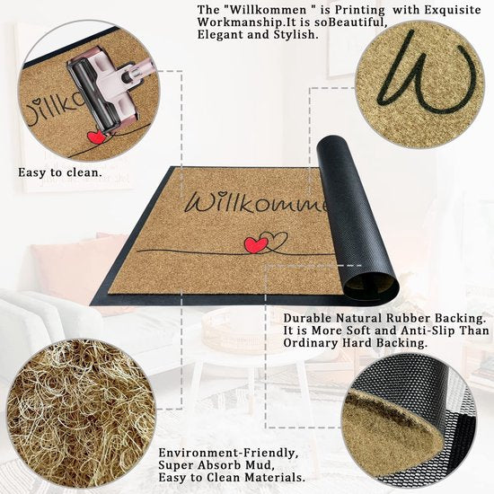Welkomstdeurmat voor antislip buiten- en binnenmat met entreetapijt, schone mat met antislip achterkant, sterke vuildeurmat voor voordeur, bruin