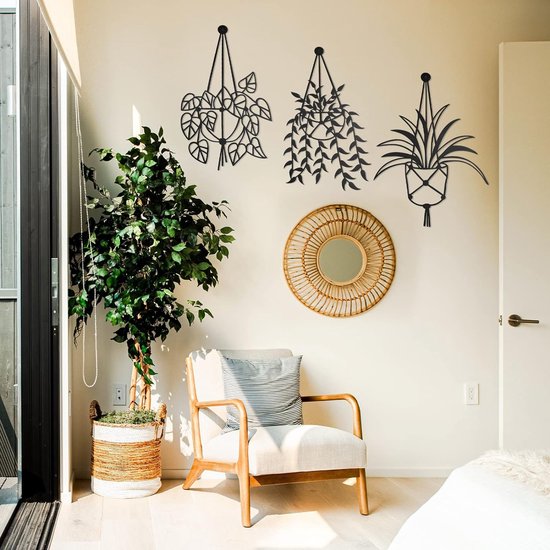 Set van 3 metalen vaas bloemen muur kunst decor, bloem in vaas plantenpot muur kunst sculptuur hangende wanddecoratie, metalen vaas bloemen bord voor slaapkamer badkamer keuken buiten binnen (zwart)