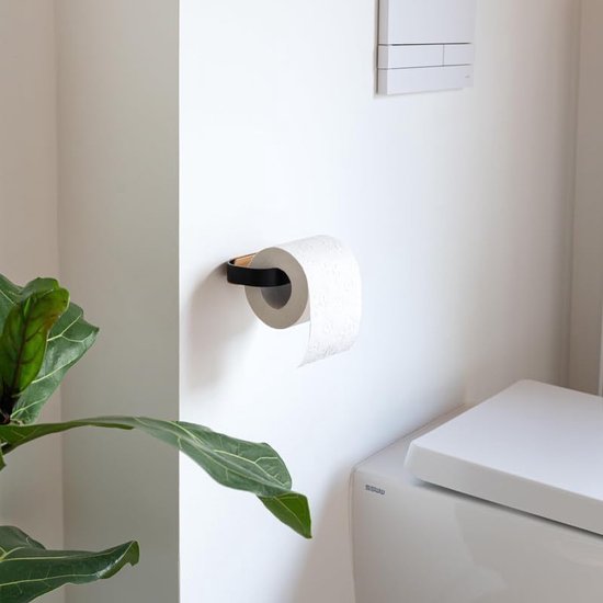 Design Toiletrolhouder - Zonder boren (zelfklevend) | Gemaakt van roestvrij staal en echt houtbamboe | Toilethouder/rolhouder voor badkamer | Mat zwart