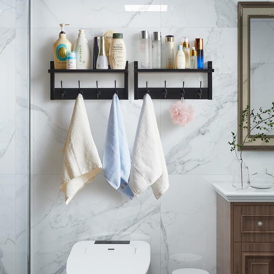 Wandkapstok met plank, set van 2 wandrekken in één pakket, garderobehaken met 8 dubbele haken, 80 cm voor hoeden, kleding, decoratie in de ingang, hal, keuken, slaapkamer, zwart