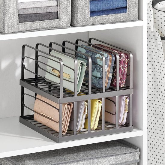 Clutch Organizer – praktische handtassen opbergen met 5 vakken voor clutches, portefeuilles, kaartenetuis enz. – portemonnee houder van kunststof – set van 2 – grafiet